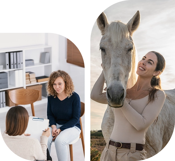 Two women talking; woman with horse.