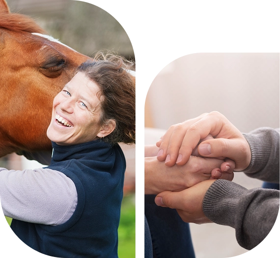 Woman smiling with horse; hands holding.